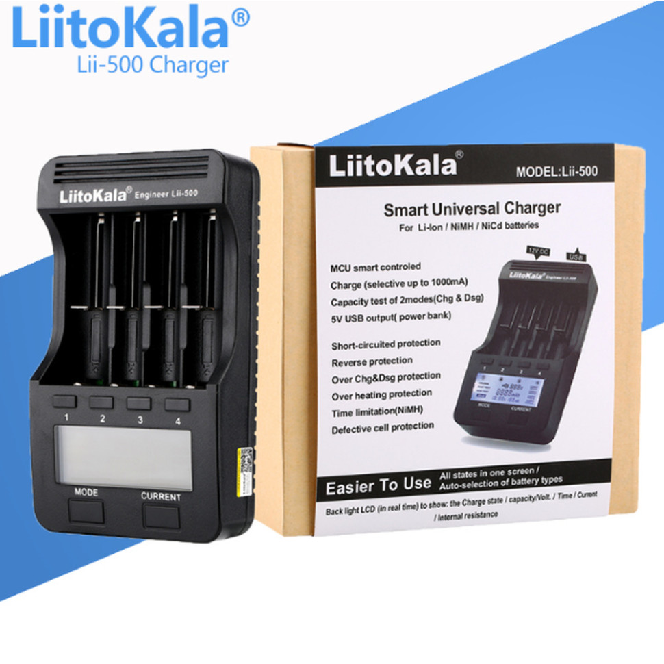 359921.970 Зарядний пристрій Liitokala Lii-500, 4 канала, Ni-Mh/Li-ion, 220V/12V, Powerbank, Test, LCD, Box - Зображення 1
